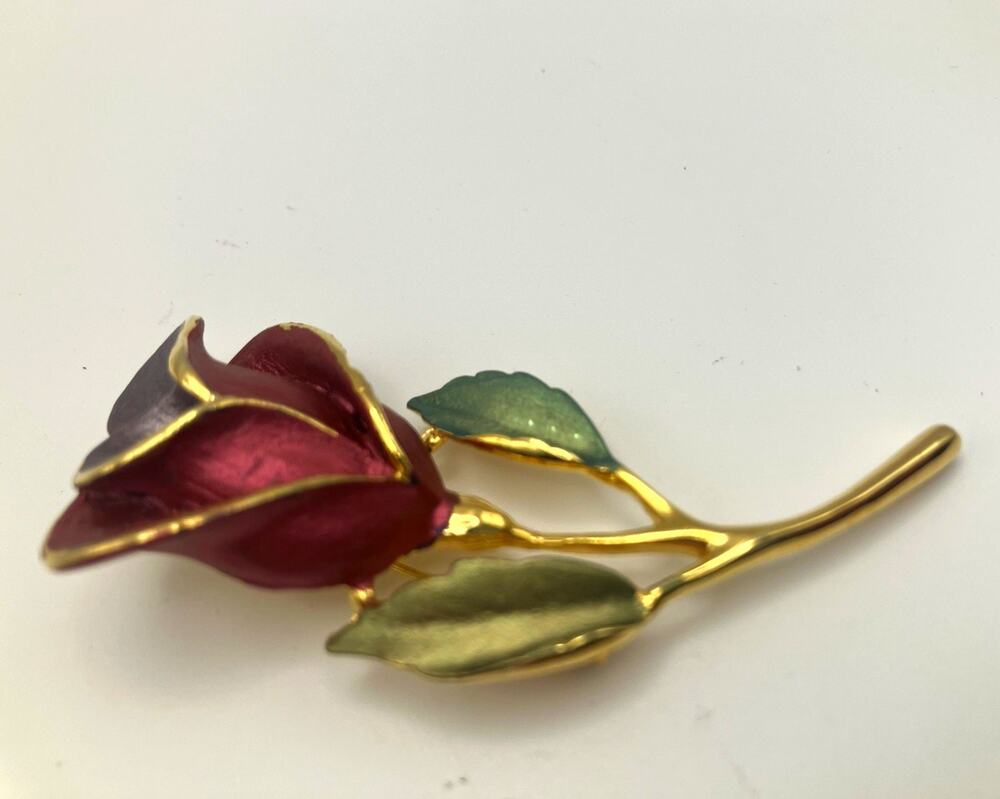 Vintage Gold Tone Enamelled Flower Brooch Pin - Red Green Purple, 3 in